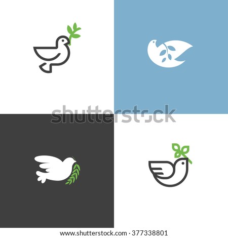 Peace dove with green branch. Flat line design style vector illustrations set of icons and logos