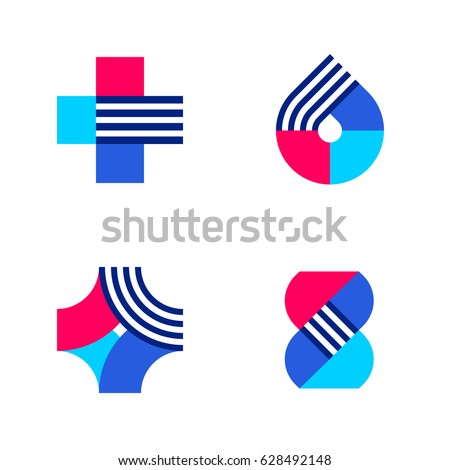 Cross, drop and DNA. Set of abstract medical or pharmacy vector logo mark templates or icons