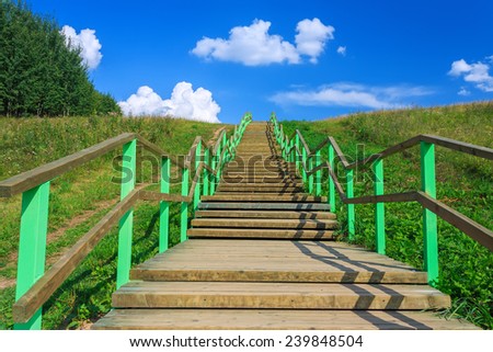 Long wooden stairway to heaven horizontal landscape