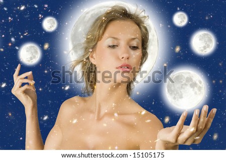 blond woman playing with moon in a fantasy shot with stadust and blue sky