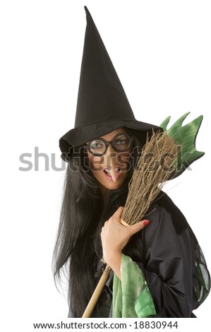 Big Nose And Glasses As An Old Ugly Witch Keeping A Broom Stock Photo ...