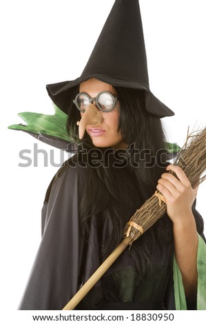 Lovely Side Of A Witch With Big Nose Glasses And Broom Stock Photo ...