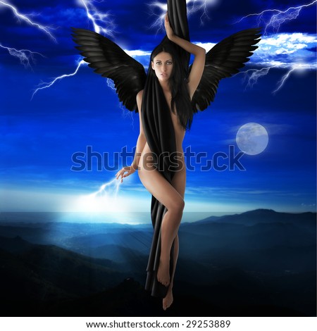 naked black angel flying to heaven in a lightning night sky