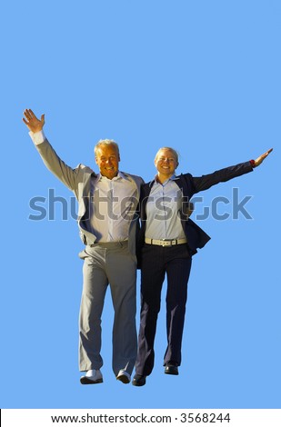 the businessman and woman jump