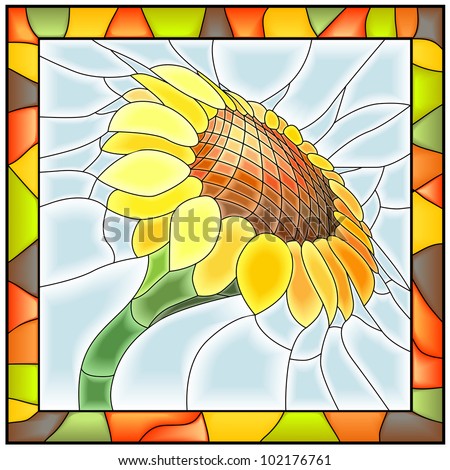Vector illustration of flower sunflower in stained glass window with frame.