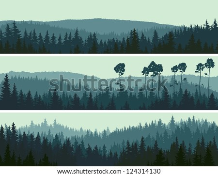 Horizontal abstract banners of hills of coniferous wood in dark green tone.