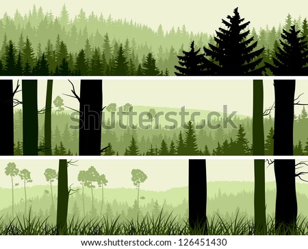 Horizontal banners of hills of coniferous wood in green tone.