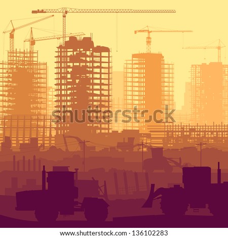 Horizontal vector illustration of construction site with cranes and skyscraper under construction with tractors, bulldozers, excavators and grader.