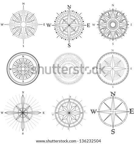 Vector set illustration of abstract artistic drawings compass for area map.