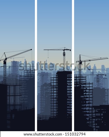 Vector vertical banner of construction site with cranes and skyscraper under construction.