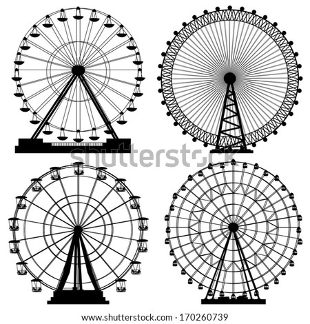 Set of vector silhouettes Ferris Wheel from amusement parks