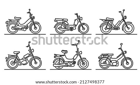 Set of simple flat design vector images of bicycle shape scooters and mopeds drawn in art line style.