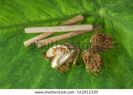 Tobacco leaves were dried, cut into small strips called line tobacco, with Betel palm fruit on green leaf.