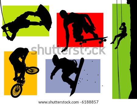 Silhouettes of several extreme sports