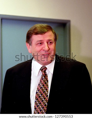 BRATISLAVA - AUGUST 26: Slovak Prime Minister Vlademir Mecier makes small talk before beginning his TV show on state television, on August 26, 1998. (C) Photo Credit: Mark H. Milstein/ Northfoto