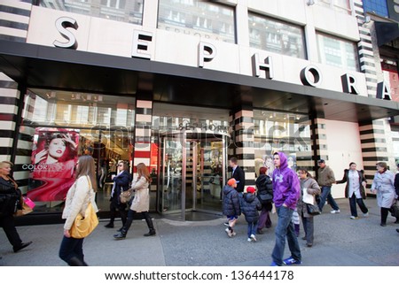 NEW YORK CITY - APRIL 19: People walk past a Sephora cosmetics store in New York City, on Friday, April 19, 2013.