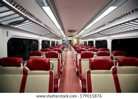 NEW YORK CITY - FEB. 16, 2014: A general interior photo of an empty Metro-North commuter train carriage in New York City on Sunday, February 16, 2014. Metro-North is a suburban railway.