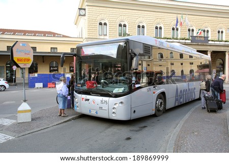 BOLOGNA, ITALY - APRIL 19, 2014:  A BredaMenarinibus passenger bus ready to take passengers in Bologna, Italy, on Saturday, April 19, 2014.