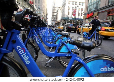 NEW YORK CITY - MONDAY, DEC. 29, 2014: A Citi Bike station in midtown Manhattan. Citi Bike is a privately owned public bicycle sharing system that serves parts of New York City.