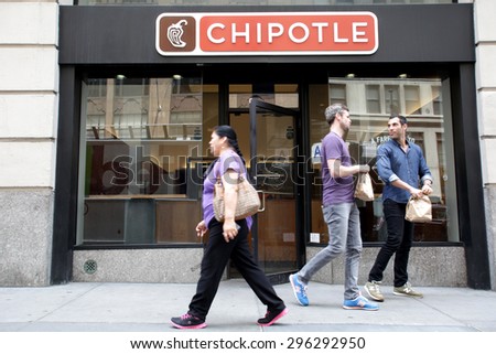 NEW YORK CITY - FRIDAY, JUNE 19, 2015: Pedestrians walk past a Chipotle fast food restaurant. Chipotle Mexican Grill, Inc. is a chain of restaurants