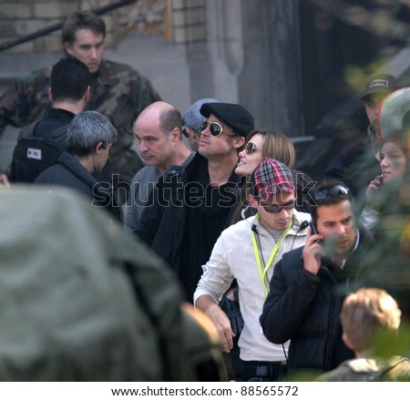 BUDAPEST - OCTOBER 13: Angelina Jolie and Brad Pitt  on the set of the Bosnian war drama she is currently directing in Budapest, Hungary, on Wednesday, October 13, 2010. Photographer: Northfoto