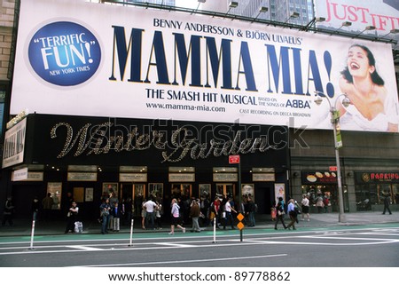 NEW YORK - APR 3: The exterior of the  Winter Garden theater, featuring the play Mamma Mia! on Broadway in New York City on Saturday, April 3, 2010.