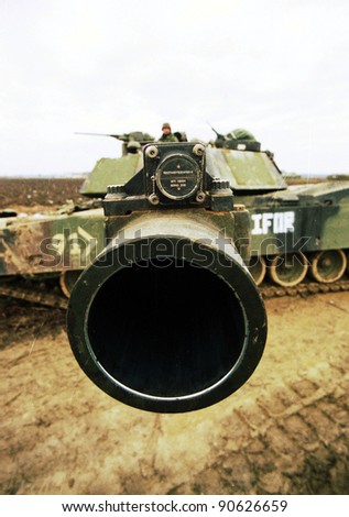 ZUPANIA, BOSNIA - JAN 22: An United States Army M1A1 tank on patrol near Zupanja, Bosnia, on Sunday, January 22, 1995.  The tank and its crew are in Bosnia as part of NATO\'s IFOR mssion.