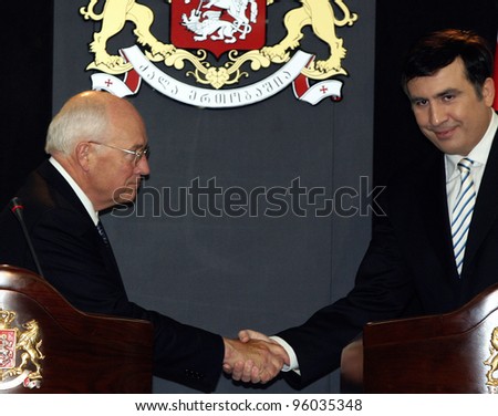 TBILISI, GEORGIA - AUGUST 4: United States Vice President Dick Cheney, left, attends a press conference with Georgian President Mikhail Saakashvili at the presidential palace in Tbilisi, Georgia, on Thursday, August 4, 2008.