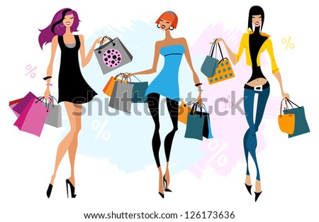 3 Shopping Girls Vector Illustration Free Vector / 4Vector
