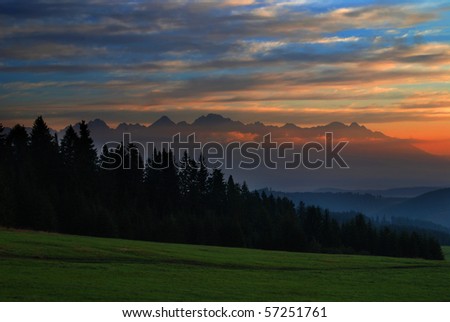 Beautiful sunset over the green meadow between two forest in Tatras, Slovakia