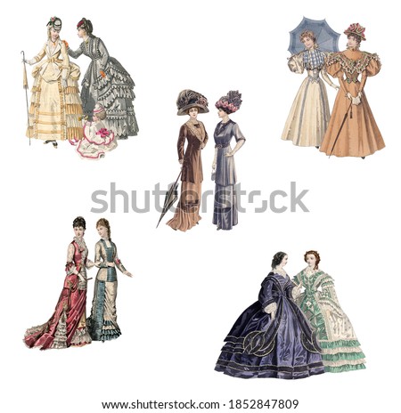 Victorian and edwardian Ladies in fashionable dresses of the time