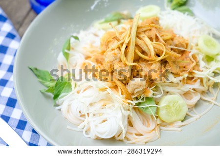 Thai rice vermicelli on wooden table