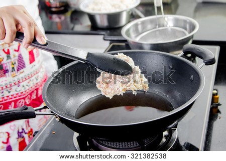 Japanese fried pork making in frying pan