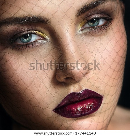 portrait a face of the beautiful girl with velvet skin and a beautiful fashionable make-up, dark lipstick and a grid a veil on a face
