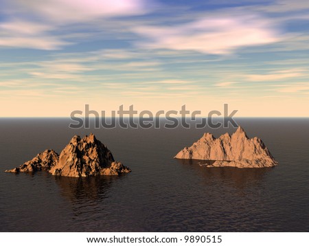 islands, two, water, boat, sunlight, sky, horizon