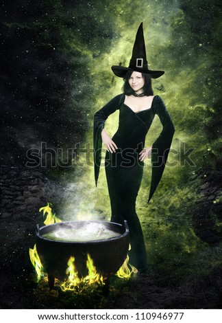 Sexy brunette as halloween witch with a hat and cauldron on spooky black and green background