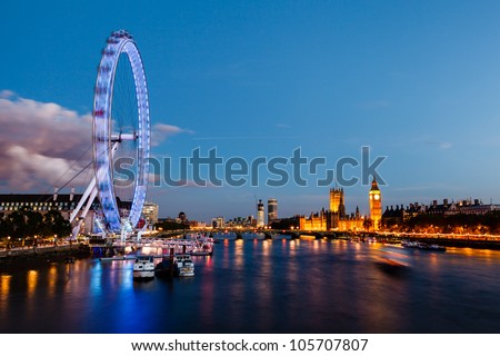 London Eye, Westminster Bridge and Big Ben in the Evening, London, United Kingdom