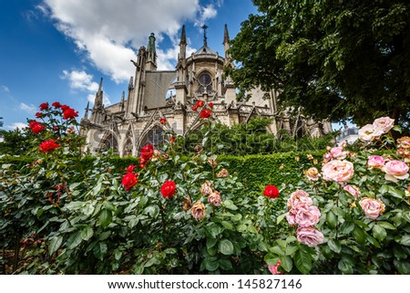 Notre Dame de Paris Cathedral with Red and White Roses in Foreground, France