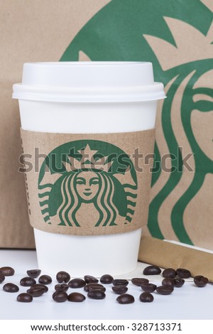 Bangkok, Thailand - October 17, 2015: Starbucks logo on sleeve. Starbucks is the world\'s largest coffee house with over 20,000 stores in 61 countries.