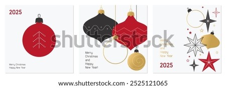 Merry Christmas and Happy New Year cards set. Vector illustration concepts for corporate greeting card, party invitation, website banner, social media banner. Red, gold, black colors. Minimalism style