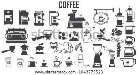 coffee, machine,  espresso, cup, kitchen  illustration flat icons. mono vector symbol 