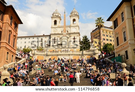 ROME - MARCH 25: Crowd sitting on the Spanish Steps on March 25, in Rome, Italy. With 138 steps in total, the Spanish Steps of Rome are the longest and widest outdoor steps in Europe.