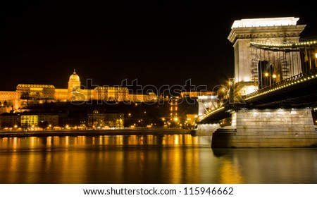 Budapest Chain Bridge and Royal palace by night.