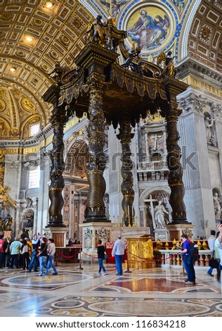 ROME - MARCH 23: Indoor St. Peter\'s Basilica on March 23, 2012 in Rome, Italy. St. Peter\'s Basilica until recently was considered largest Christian church in world