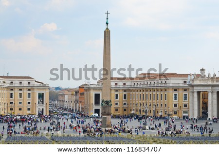 VATICAN CITY, VATICAN - MARCH 23: Tourists at Saint Peter's Square on March 23, 2012 in Vatican City, Vatican. Saint Peter's Square is among most popular pilgrimage sites for Roman Catholics.