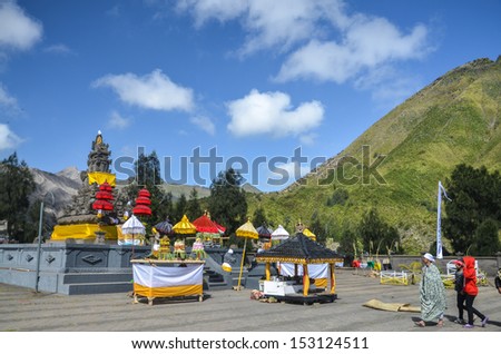 JAVA,INDONESIA-JULY 23:Indonesia people stand in Pura Luhur Poten, The most important and only one Hindu temple near crater