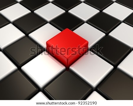 Red cube. Chess background. Concept of Unique.