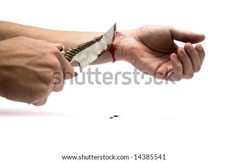 A Bloody Knife And A Cut Wrist, Isolated On White. This Image Has ...