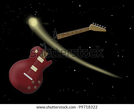 An electric guitar in space hit by a shooting star