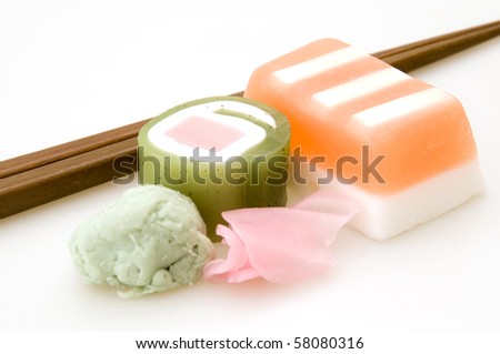 Soap Sushi with Chop Sticks on White Background.